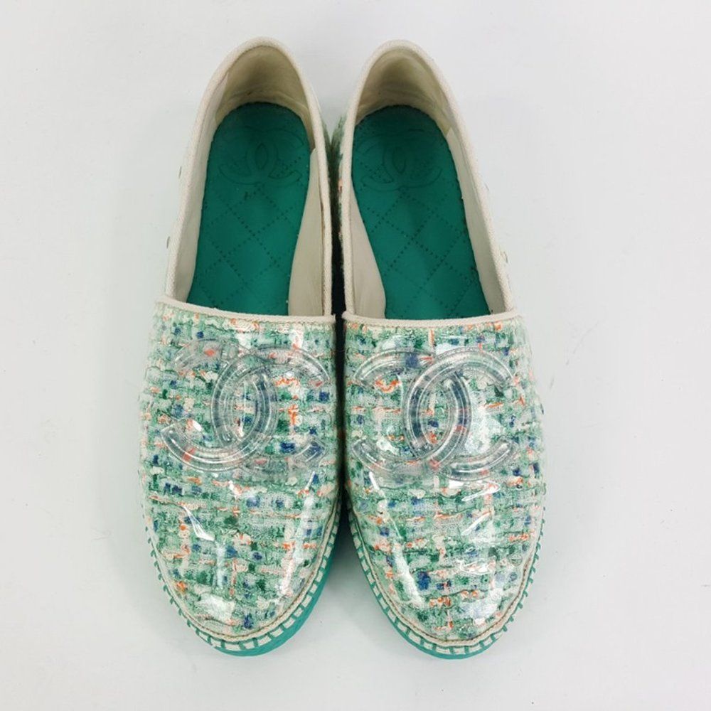 Chanel Green Multi PVC Tweed CC Slip On Espadrilles Shoes Size 39 - Picture 2 of 7